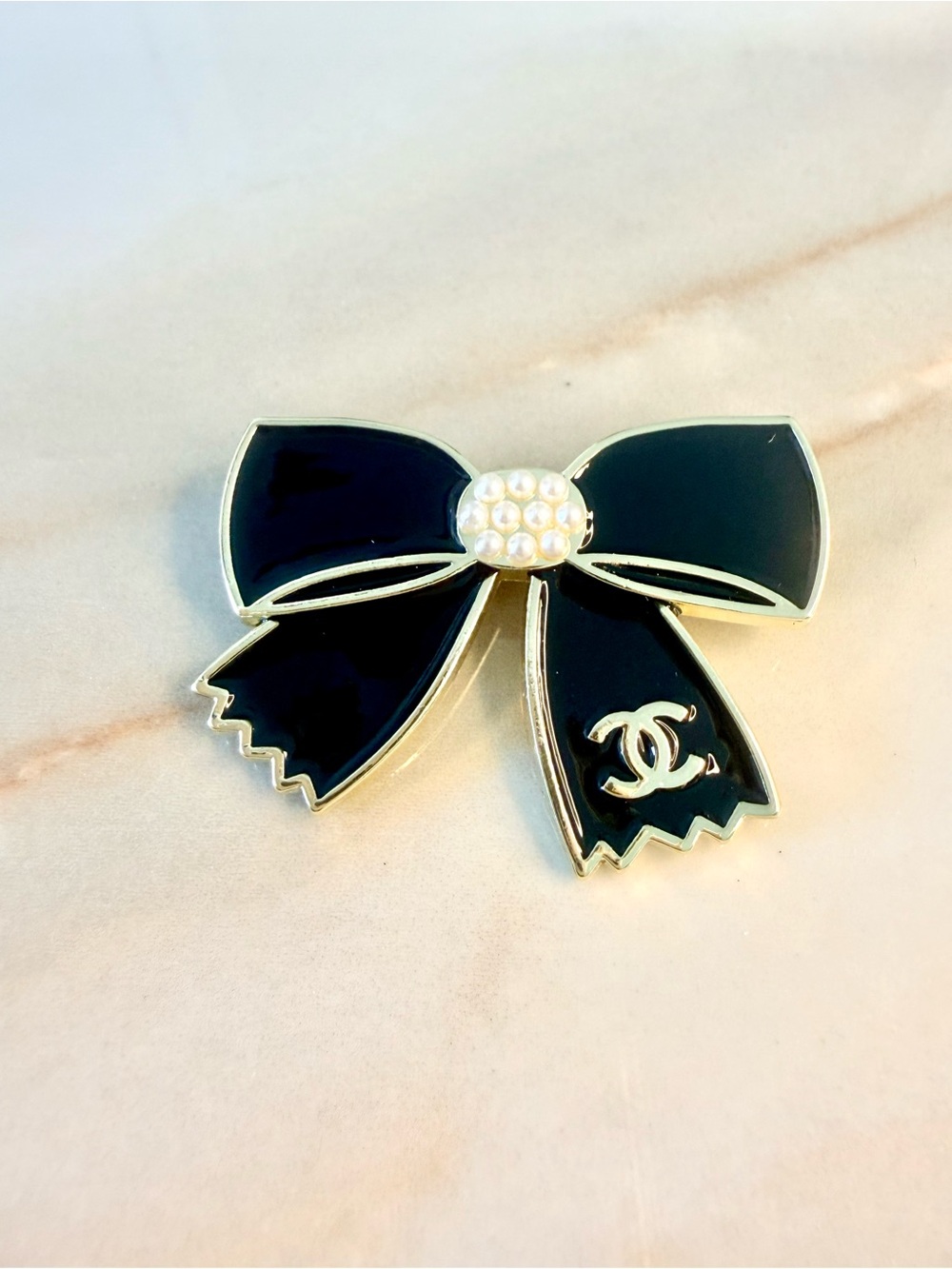 Black Bow Brooch with Faux Pearl Center